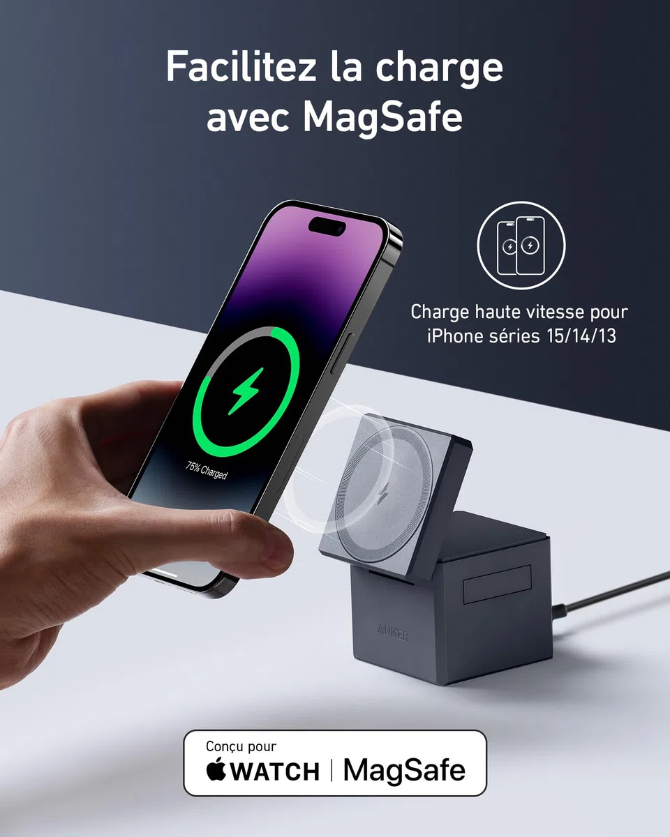 Anker Cube de Charge 3 en 1 avec Chargeur MagSafe, Puissance de Charge maximale sans Fil 15 W, Compatible avec Les séries iPhone 17 16 15 14, Apple Watch série 1-7/SE, et AirPods Pro (y Compris 30 W