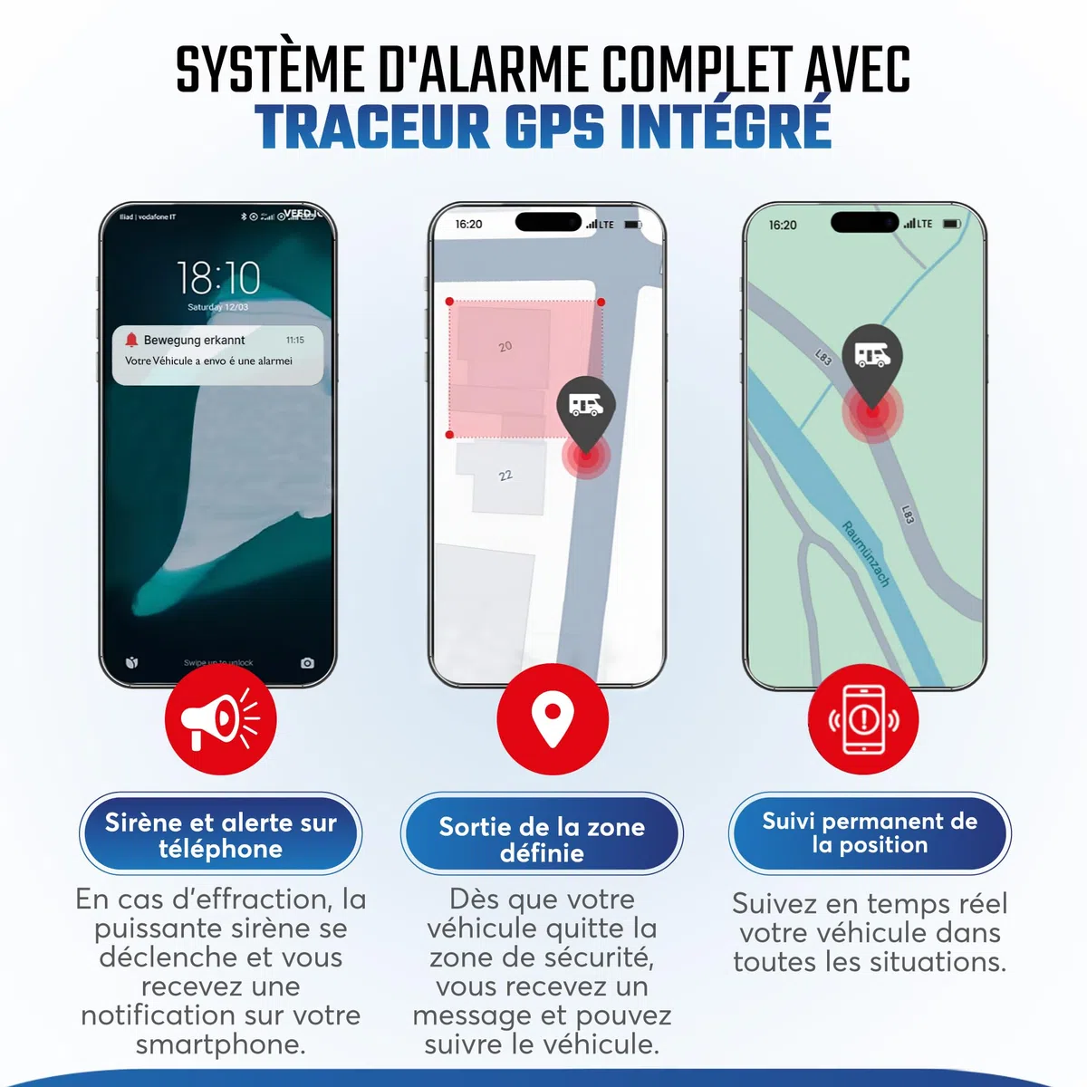 Système d'alarme antivol et Traceur GPS – antivol 110dB - Alarme Universelle de sécurité pour Fourgon, Camping-Car, Van, Voiture, Moto