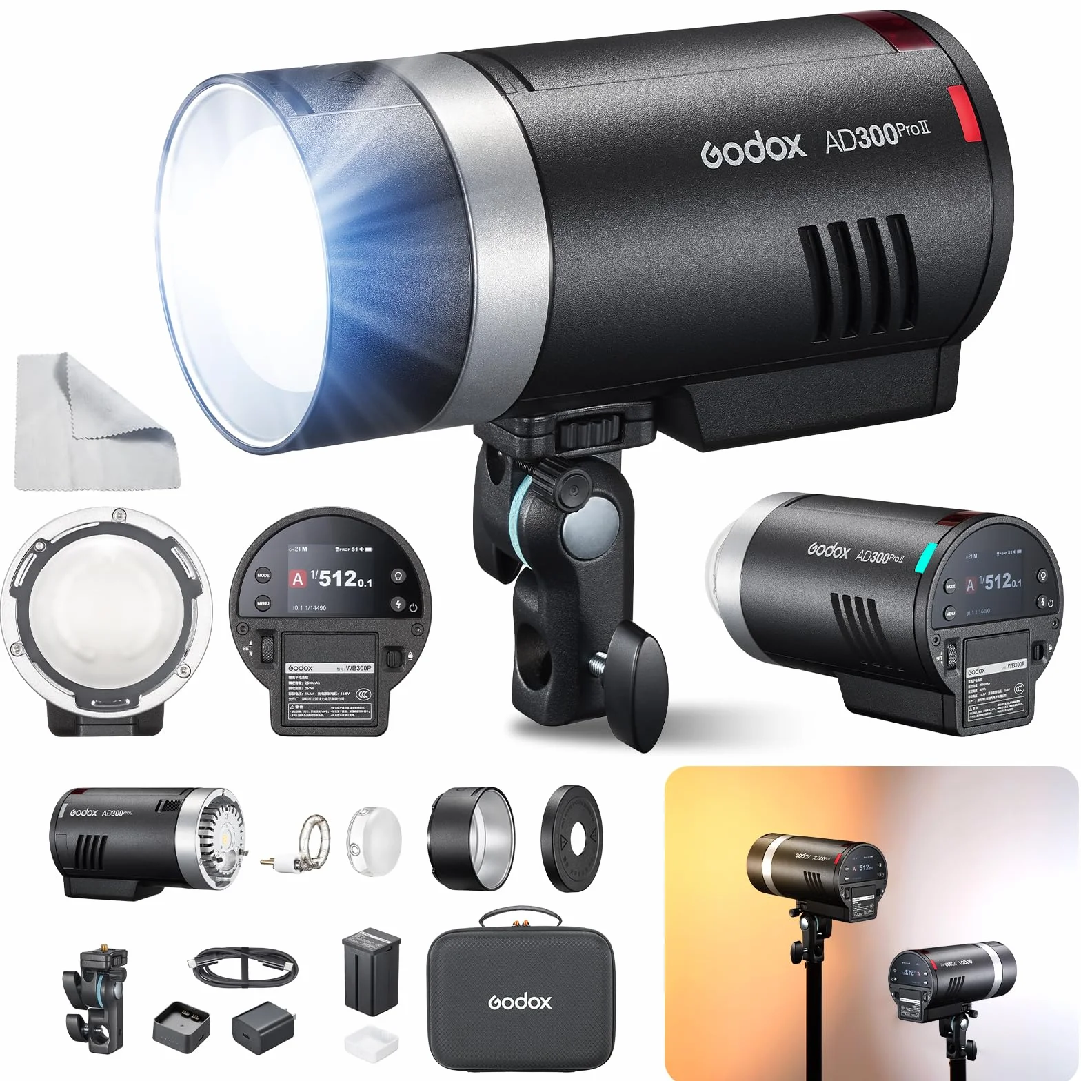 GODOX AD300Pro II AD300 ProII 300Ws TTL Flash Strumental Extérieur HSS 1/8000s 350 Flashes Réglage à 10 Niveaux Indicateur de 16 Groupes Lampe de Modélisation Bicolore 12W 2800K-6000K (AD300Pro 2026)