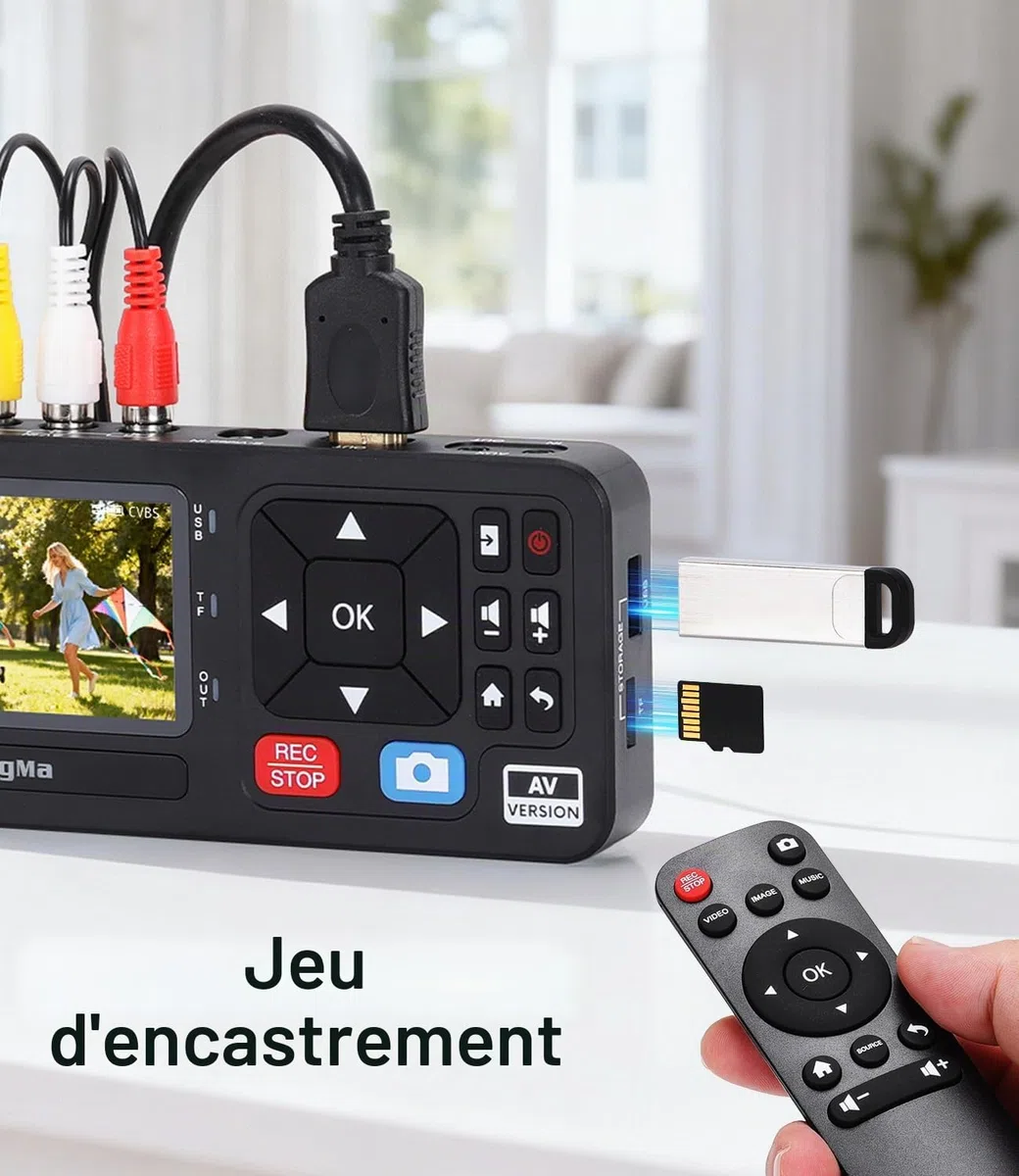 King Ma Numériseur vidéo, avec écran de 3 pouces, résolution 1080P, 30 FPS, conversion numérique de VHS, RCA, VCR, DVD, Hi8, caméras vidéo, jeux, stockage via TF/SD/USB (AV)