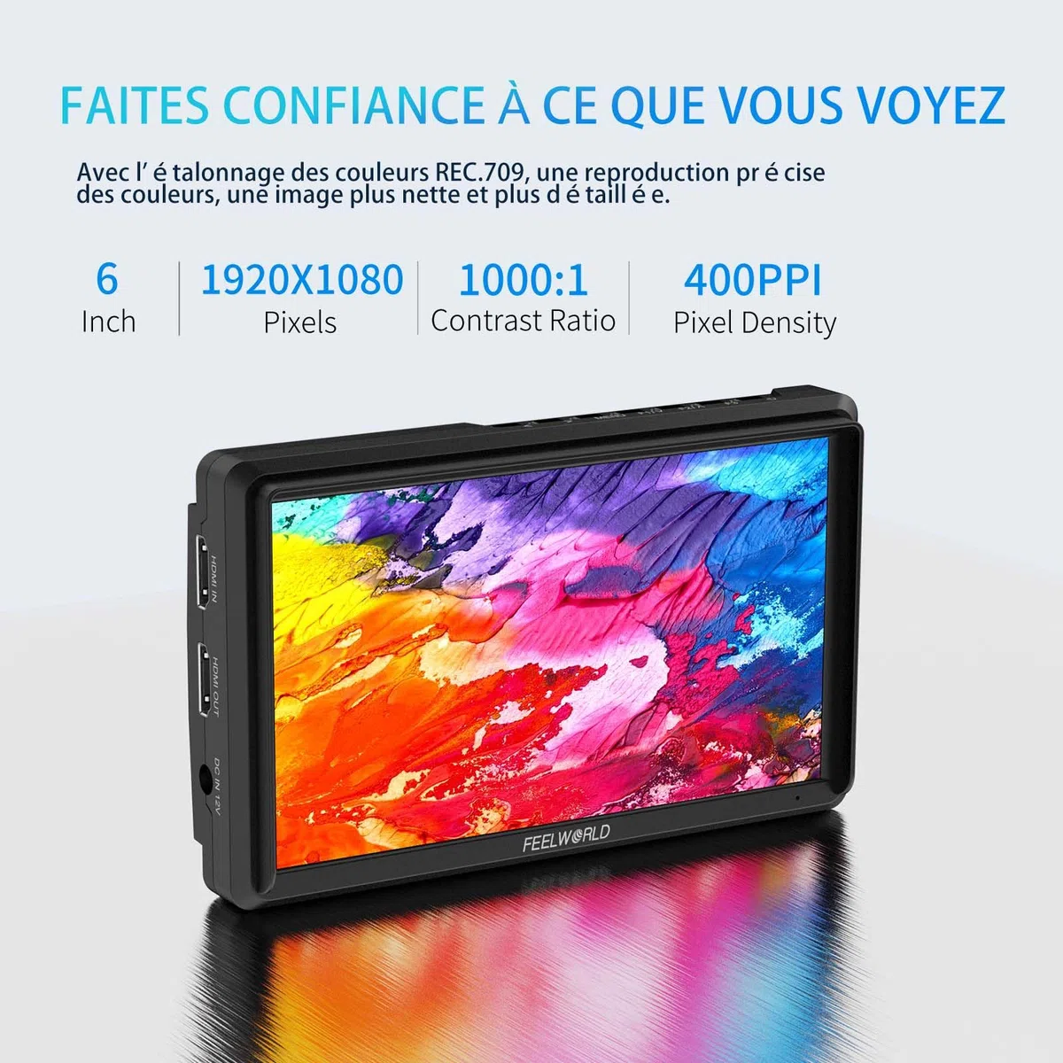 FEELWORLD FW568 V3 Moniteur de Champ pour Appareil Photo Reflex numérique 6" avec LUT de Forme d'onde Assistance de Mise au Point vidéo 1920 x 1080 IPS avec entrée 4K HDMI 8,4 V CC Batterie Incluse