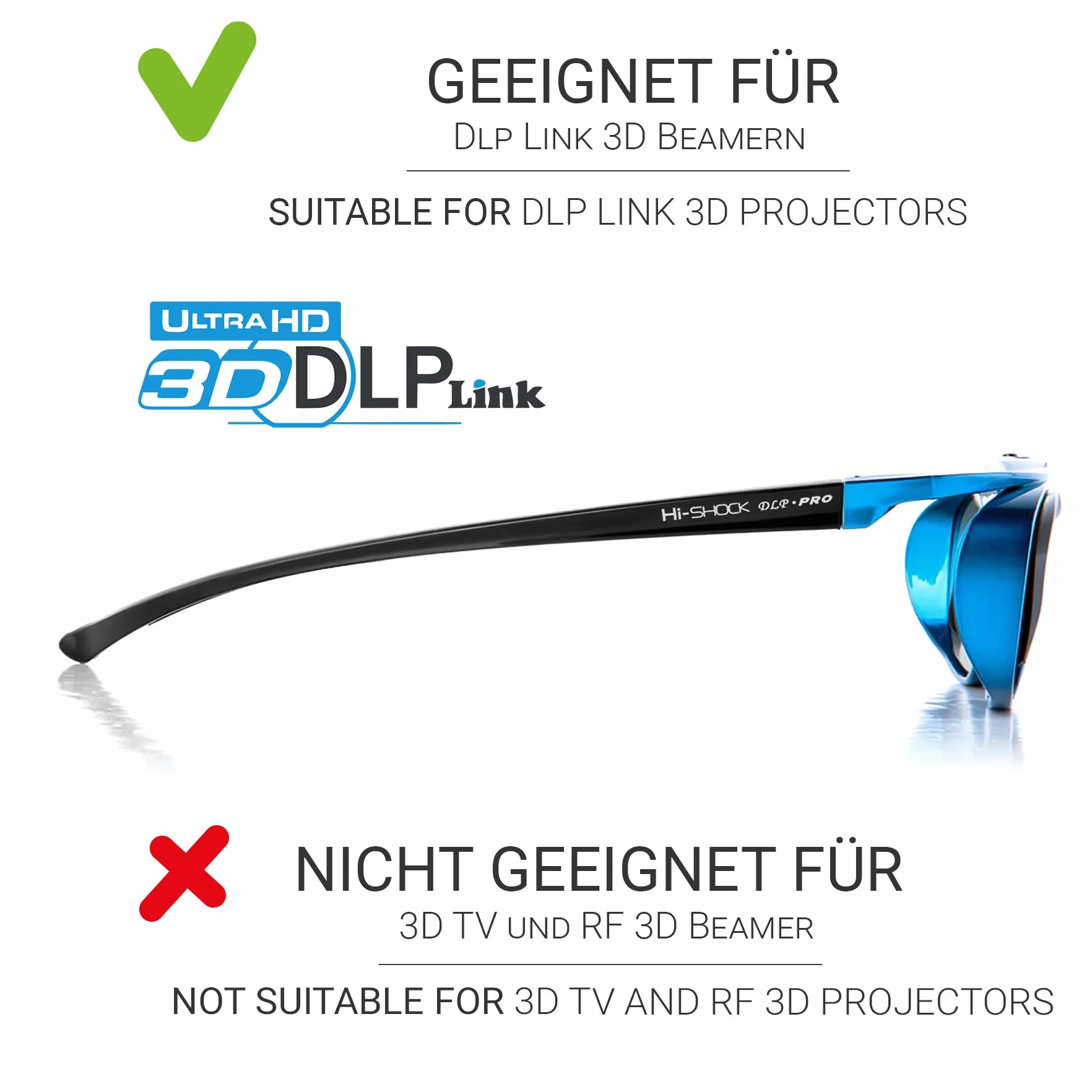 2X Hi-Shock DLP Pro Blue Heaven | Lunettes Actives DLP Link 3D - Compatibles avec Les projecteurs 3D DLP d'Acer, BenQ, Optoma, Viewsonic | Remplacement du PPA5610 / E4W [96-200 Hz | Rechargeable]