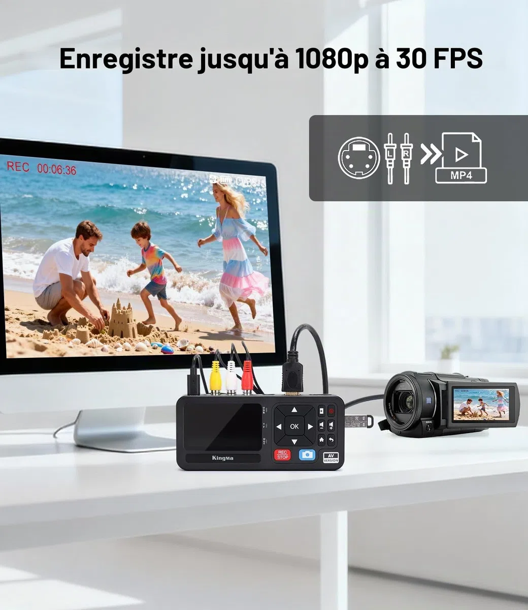 King Ma Numériseur vidéo, avec écran de 3 pouces, résolution 1080P, 30 FPS, conversion numérique de VHS, RCA, VCR, DVD, Hi8, caméras vidéo, jeux, stockage via TF/SD/USB (AV)