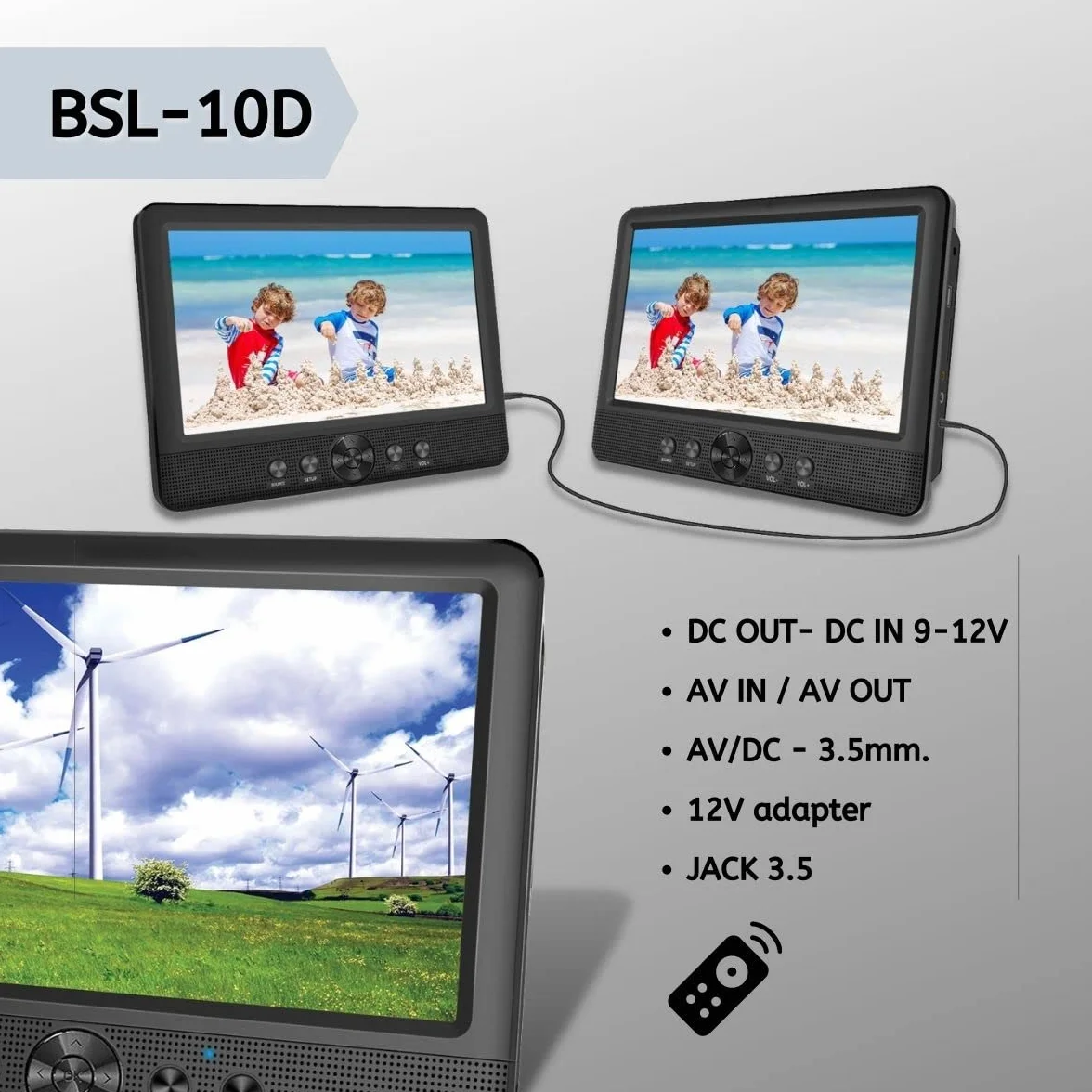 BSL BSL-10D Lecteur DVD portable double écran de 10" Lecteur de fichiers multimédias Lecteur CD et DVD Ports USB, SD/MMC Batterie de 2 500 mAh