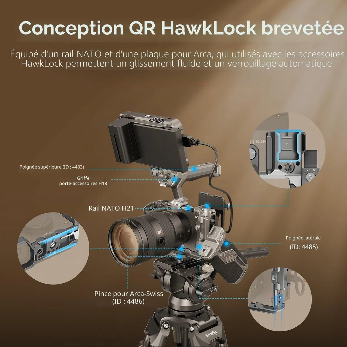 SMALLRIG Kit Cage Caméra HawkLock QR pour Sony FX3 / FX30 avec Extension de Poignée XLR, Dragonne et Serre-câble pour HDMI, Griffe Froide QR, Rail OTAN/Plaque QR pour Arca, Gris Titane - 4771