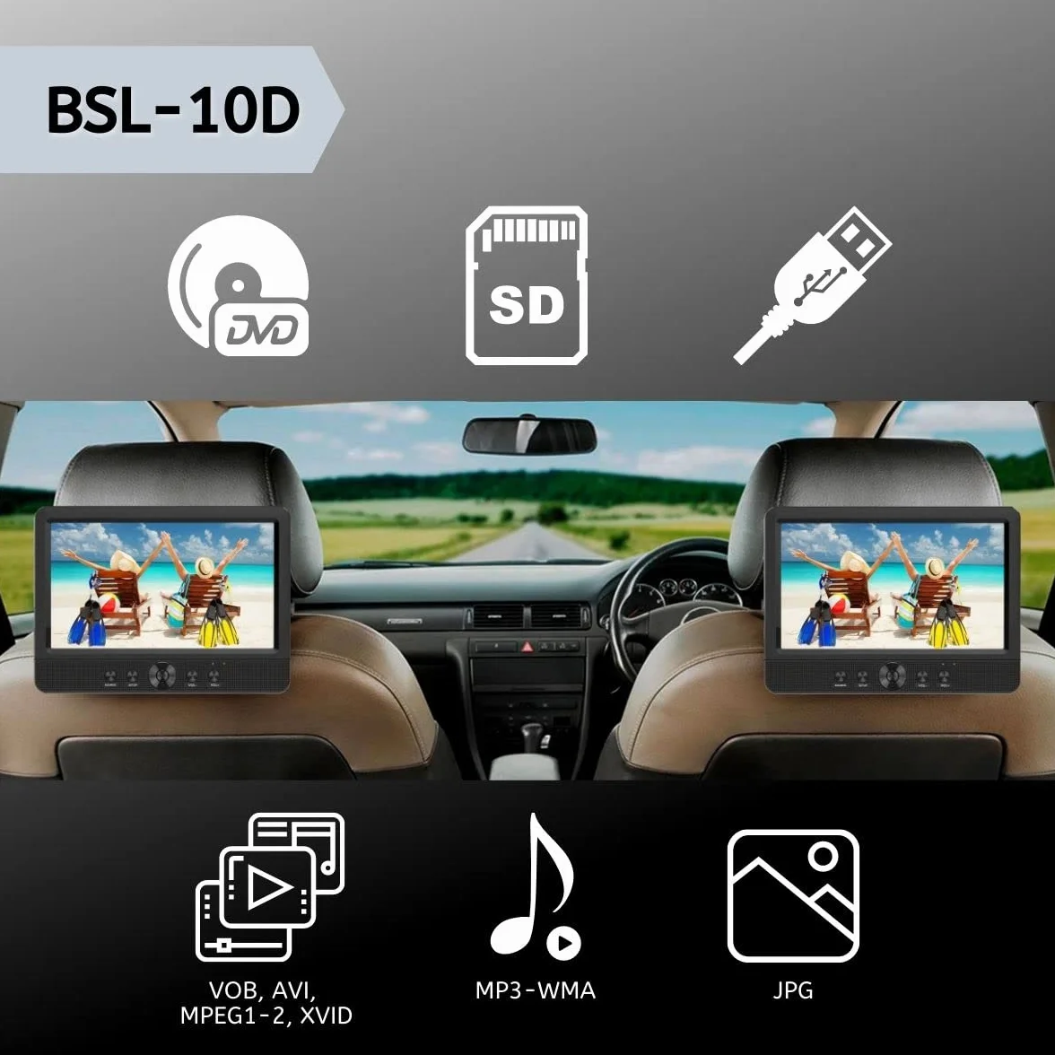 BSL BSL-10D Lecteur DVD portable double écran de 10" Lecteur de fichiers multimédias Lecteur CD et DVD Ports USB, SD/MMC Batterie de 2 500 mAh