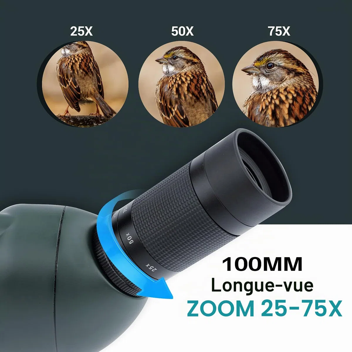 NOCOEX Longue Vues 25-75x 100mm étanche HD avec trépied, étui de Transport, Objectif FMC pour l'observation des Oiseaux, la Chasse, Le Tourisme en Plein air Vert