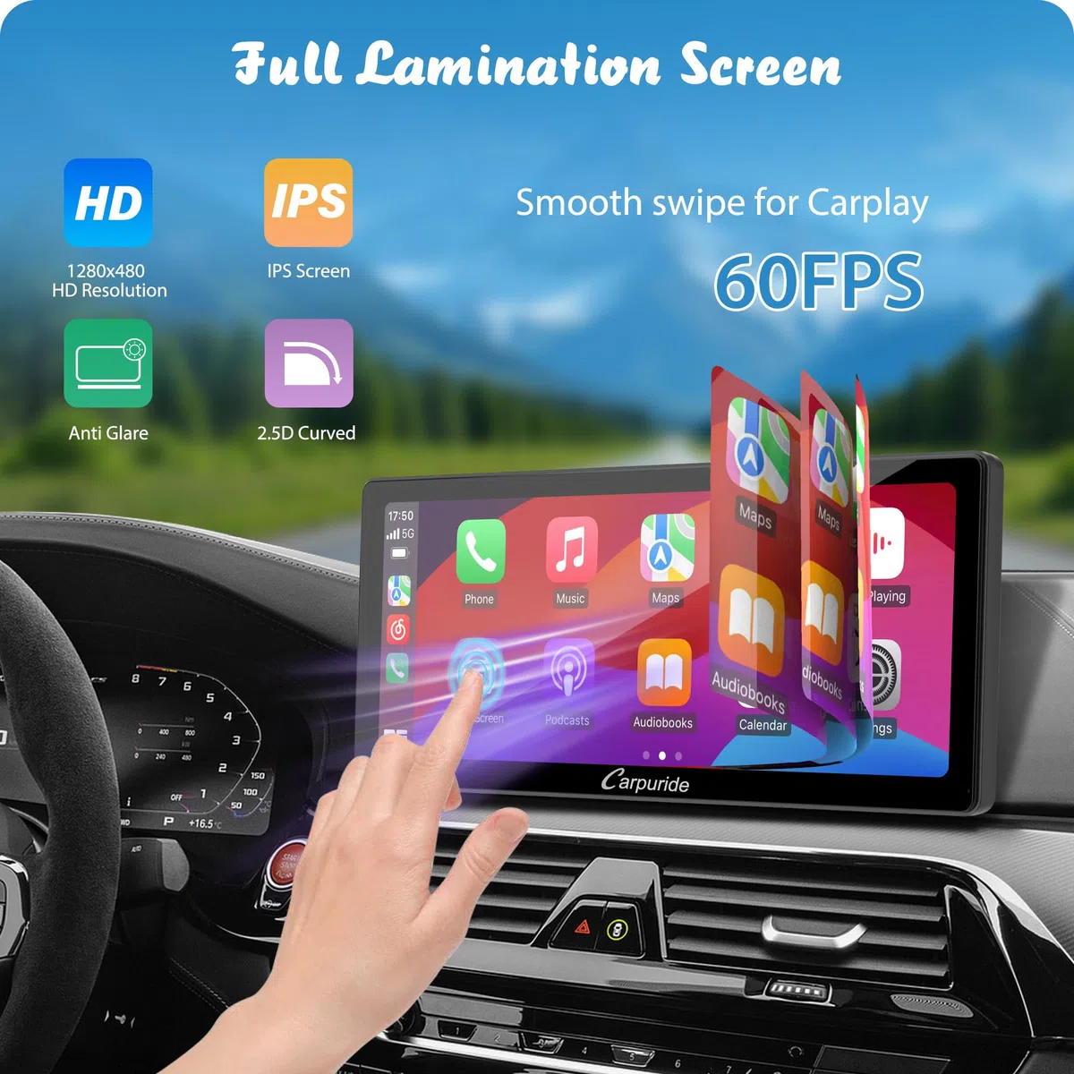 Carpuride W103 Pro avec Transmission Bluetooth sans Fil, Autoradio Portable CarPlay et Android Auto, écran Tactile 10,3 Pouces 1080P, Mirror Link/GPS/Siri/FM, avec 3 Supports