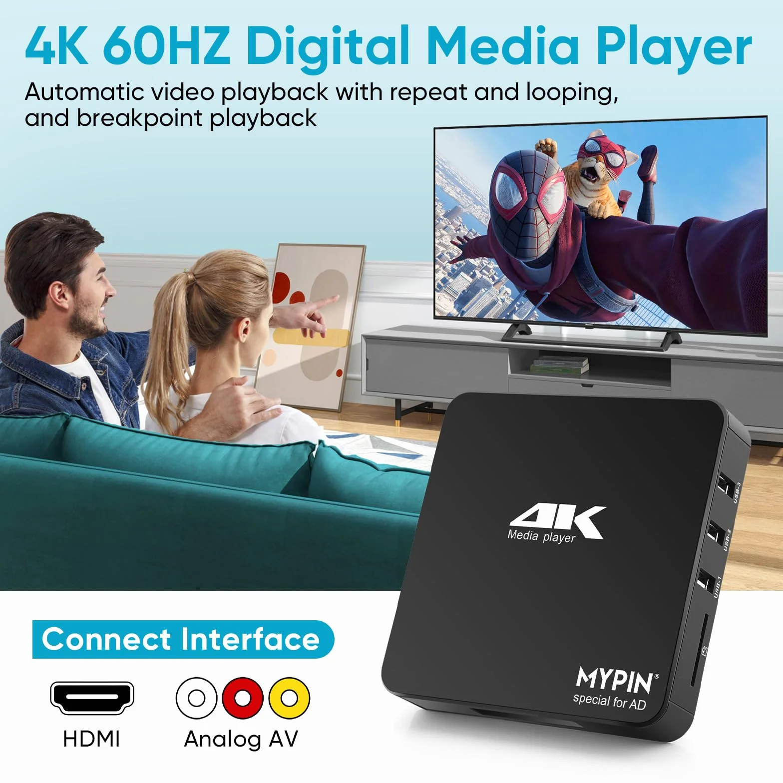 Lecteur Multimédia 4K, MYPIN HD Media Player TV HDMI Soutien 8TB HDD/Clé USB 256G /Carte SD et Sortie HDMI/AV pour HDTV/PPT MKV AVI MP4 H.265