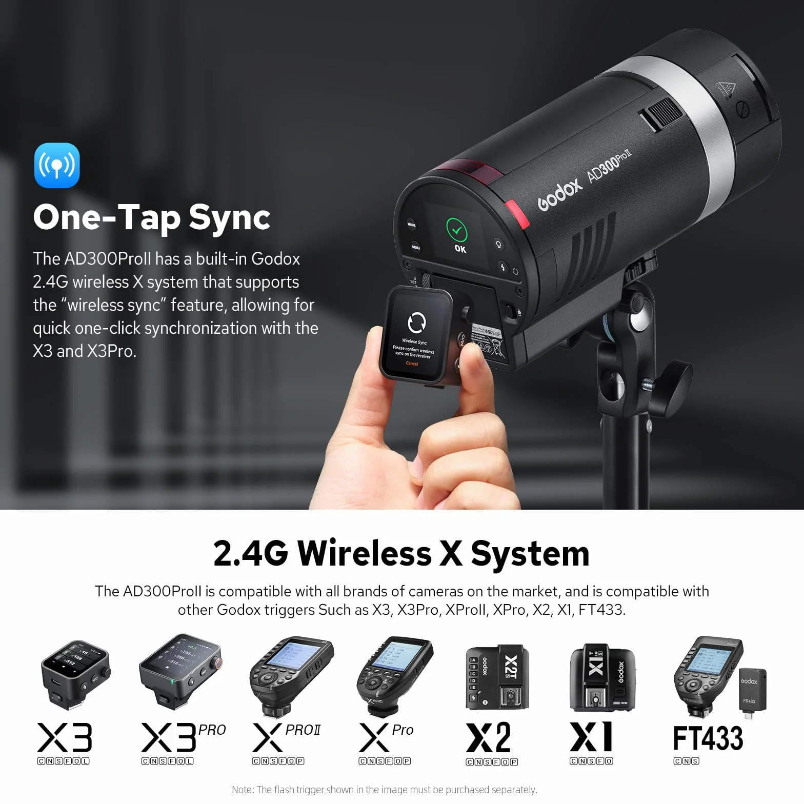 GODOX AD300 Pro II AD300Pro II Strobe Flash Extérieur, 300Ws TTL Flash de Studio HSS 1/8000s, 350 Éclairs à Pleine Puissance, Temps de Recyclage 0.01-1.5s, Lampe LED 12W, 16 Groupes de Couleurs