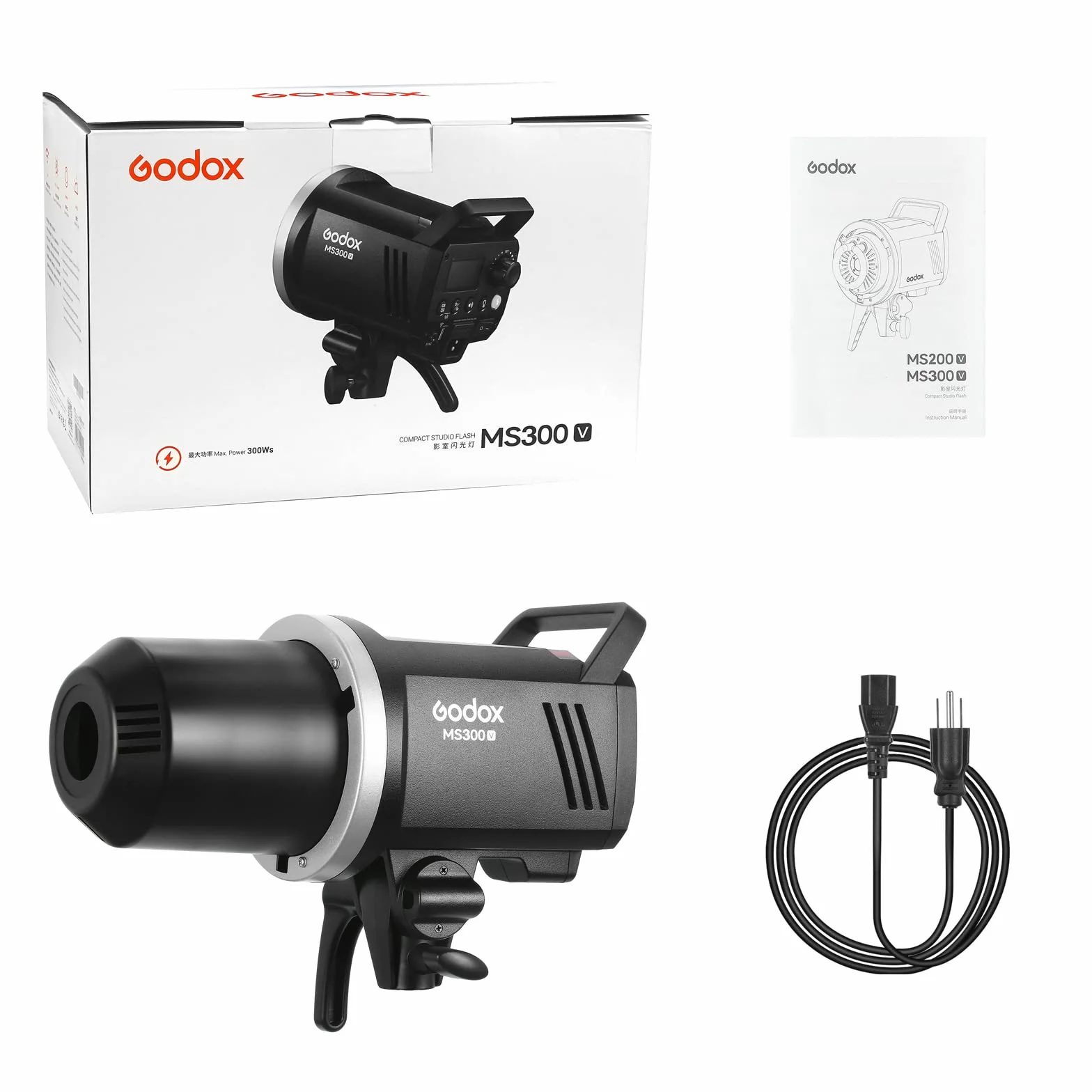 GODOX MS300V 300W Studio Flash 5800 ± 200K 0.1~1.8s Temps de récupération avec LED Styling Light LED Flash monolithique pour Studio, Portrait, Photographie Commerciale