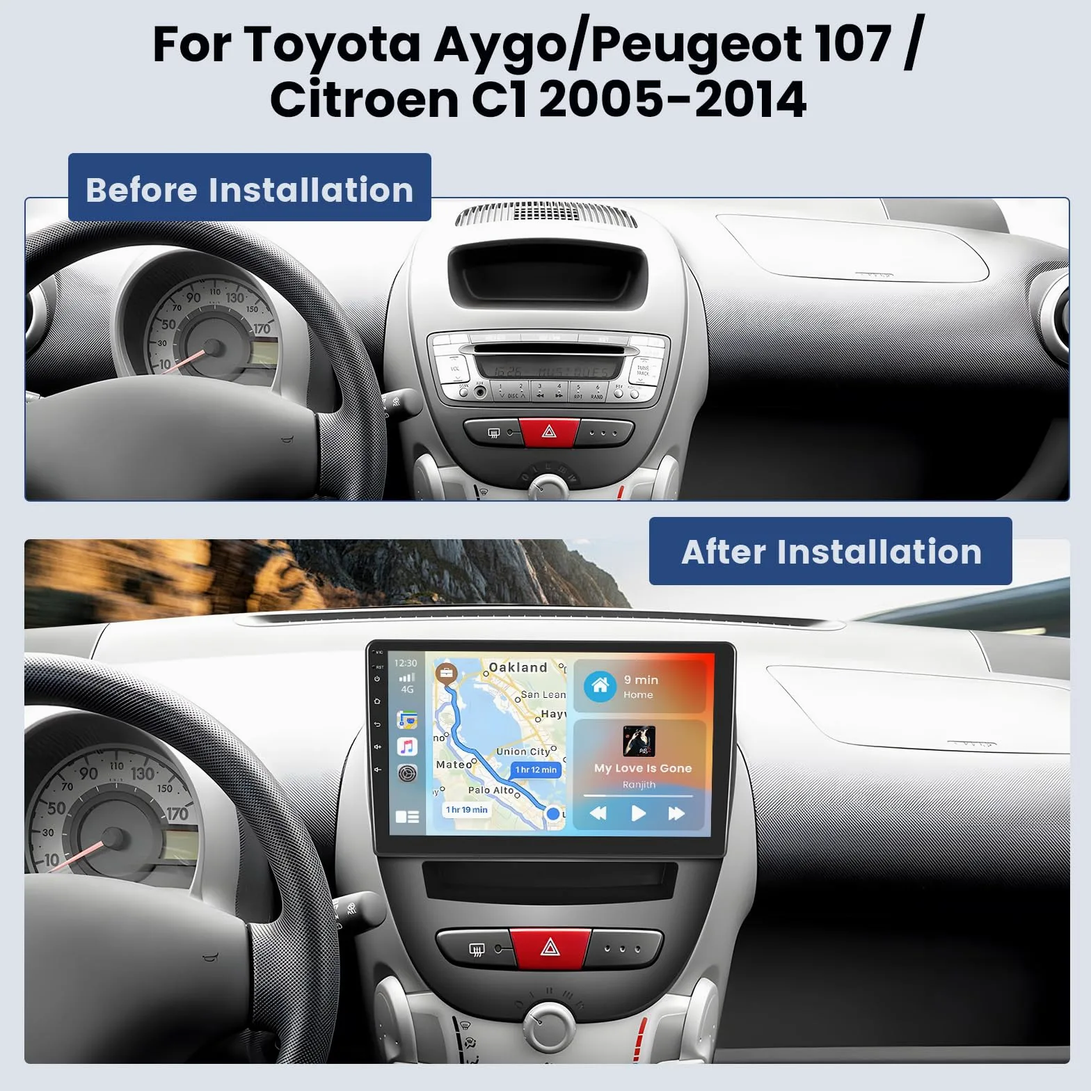 Hikity 2GB+64GB Android 15 Autoradio pour Toyota Aygo/Peugeot 107/ Citroen C1 2005-2014 sans Fil CarPlay Android Auto 10.1" écran Bluetooth Auto Radio, EQ FM/RDS, Navi GPS, Caméra de Recul WiFi SWC