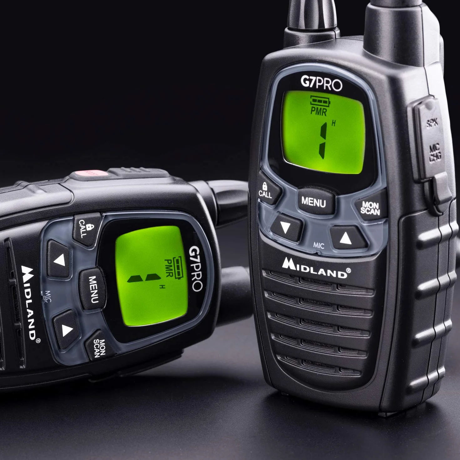 Midland - Talkie Walkie Longue Portée 10Km Professionnel G7 PRO, Couple Radio Récepteur Émetteur Airsoft Outdoor 85 Canaux, 16 PMR446/69 LPD non Licence, Autonomie 18H Piles Rechargeables, Accessoires
