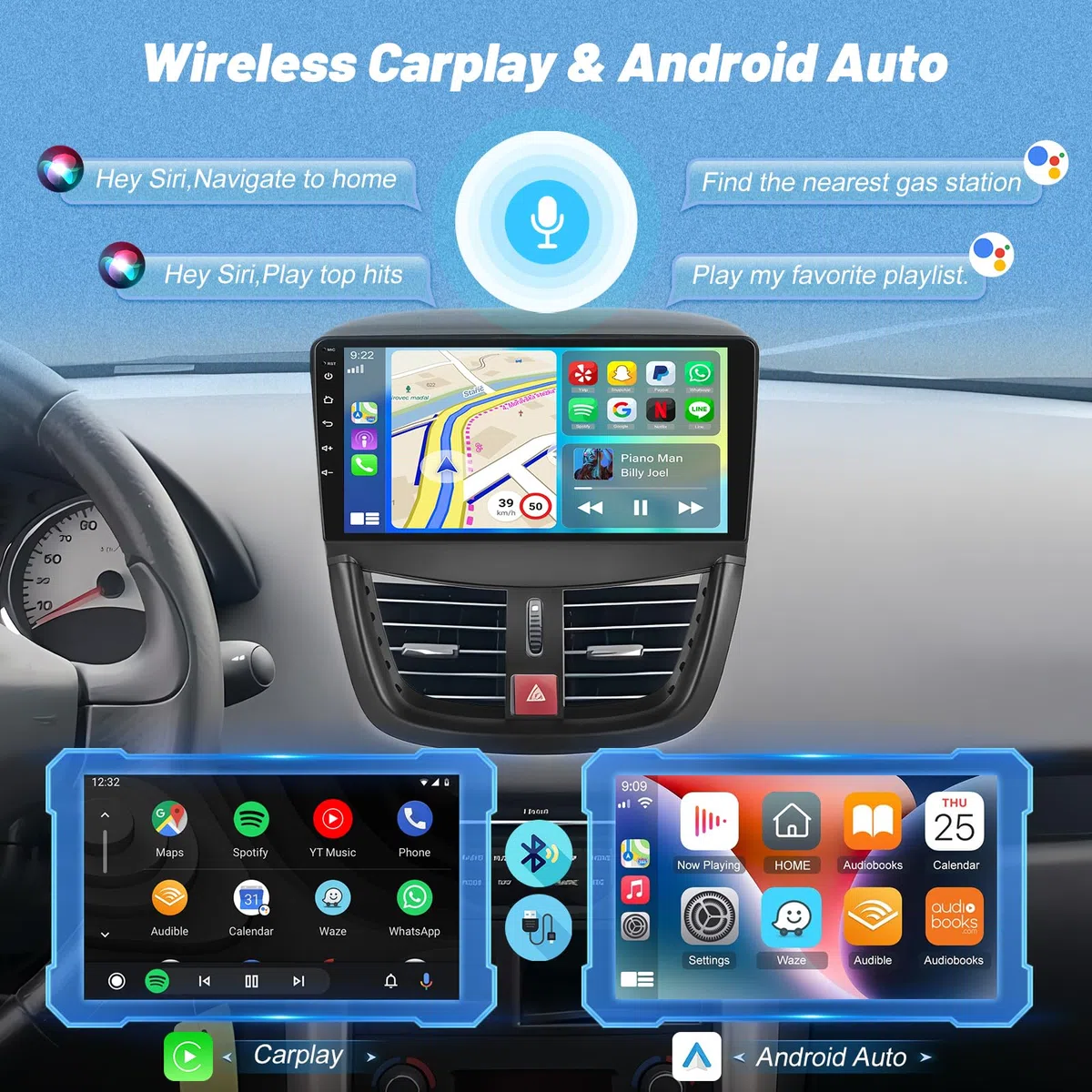 [2+64GB] Android Autoradio pour Peugeot 207 2006-2015, Autoradio 9 Pouces avec Écran Tactile, CarPlay & Android Auto, WiFi, GPS, Radio FM RDS, Caméra de Recul