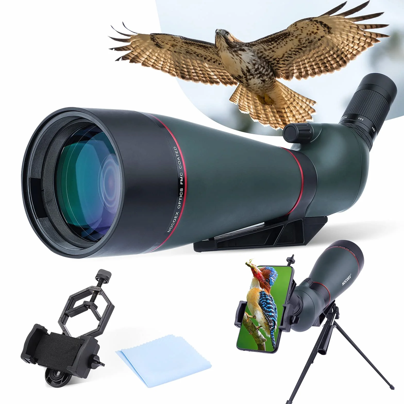 NOCOEX Longue Vues 25-75x 100mm étanche HD avec trépied, étui de Transport, Objectif FMC pour l'observation des Oiseaux, la Chasse, Le Tourisme en Plein air Vert