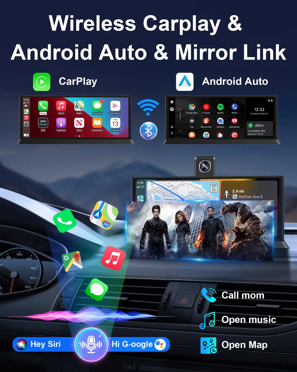 11,26 Pouces Ecran Carplay Voiture, 4K Ecran Voiture avec Caméra Frontale 350° Carplay Android Auto Car Play Voiture pour Siri G-oogle Navigation GPS