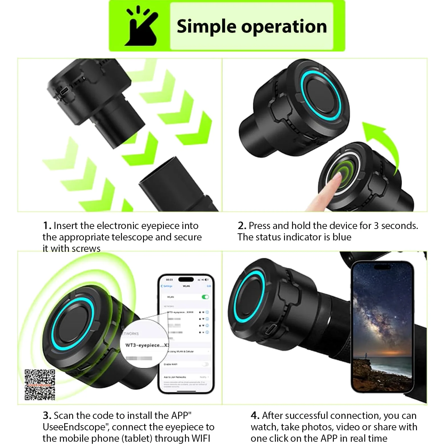 Oculaire numérique WiFi sans fil pour télescope caméra 4K enregistrement vidéo prise de photos batterie intégrée oculaire électronique pour télescope