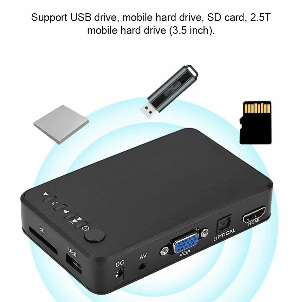 Garsent Lecteur Multimédia, 1080P HD HDMI Audio et Vidéo Lecteur Multimédia Support USB, Carte SD, Disque Dur avec Télécommande IR, 110V-240V.(EU)