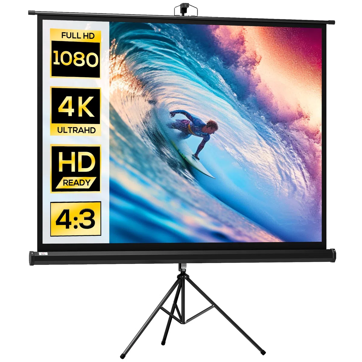 HOMCOM Écran de Projection avec Trépied Pliable 84 Pouces 4K HD 4:3, 180L cm, Écran Vidéoprojecteur, Hauteur Réglable, Angle de Vision 160°, pour Home Cinéma, Films en Intérieur/Extérieur, Noir