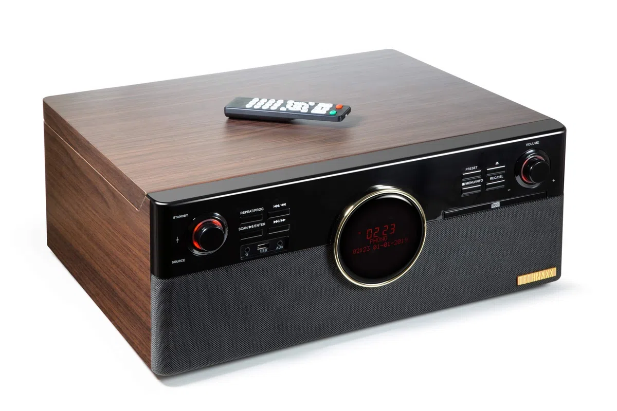 Technaxx Allemagne Dab Bluetooth V5.0 Tourne-Disque Numérisation de disques Vinyle Cassettes CD Fonction Radio AUX RCA Haut-parleurs stéréo TX-137 Marron