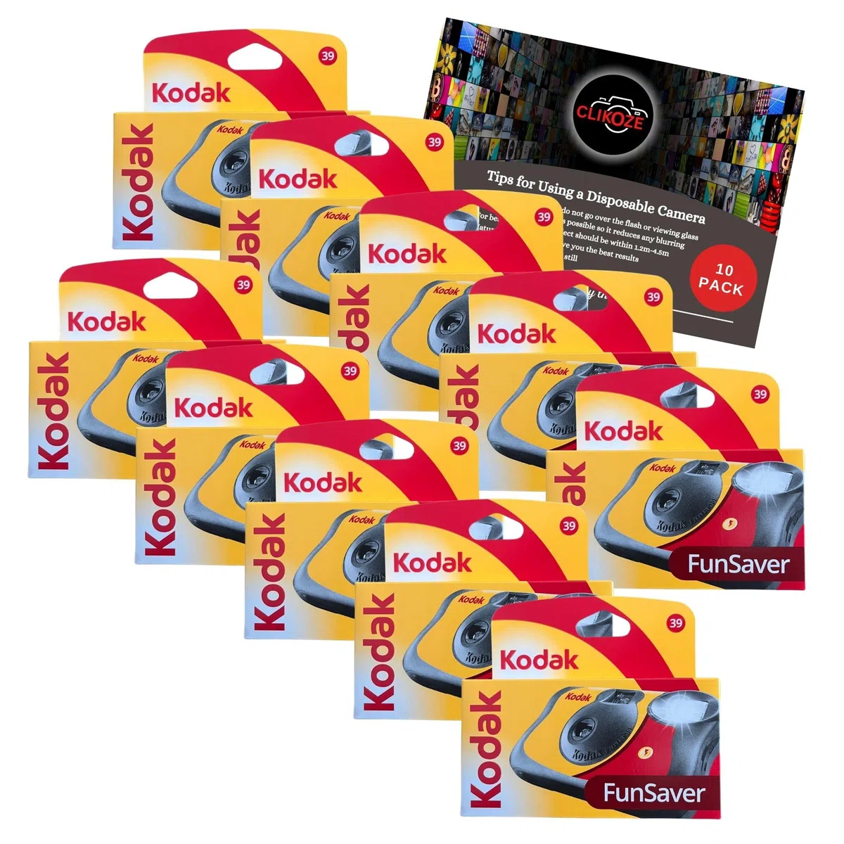 Lot d'appareils photo jetables – Comprend 10 paquets d'appareils photo Kodak Funsaver à usage unique 35 mm avec 39 poses et carte d'astuces pour photographie Clikoze