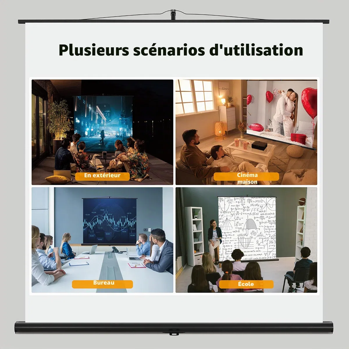 Projecteur sur toile avec support, toile de projection portable, écran projecteur 60 pouces 16:9, projection à distance ultra courte, design compact, idéal pour home cinéma, film intérieur et