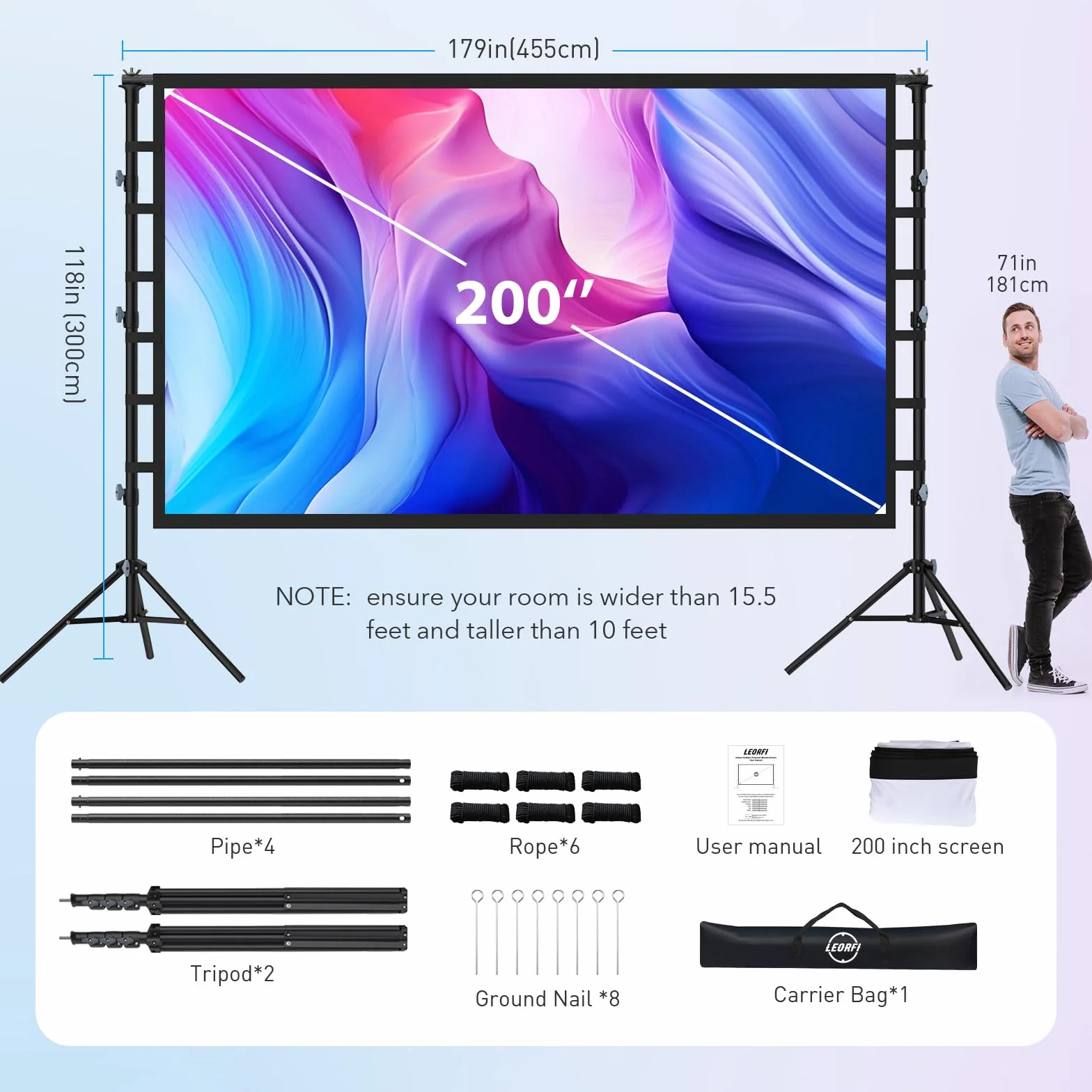 Écran de Projection 200 Pouces avec Support: Écran de Projection Portable Grande Taille pour Extérieur,Toile Frontale/Rear Projection Intérieur, sans Plis & Sac de Transport pour Cinéma Jardin