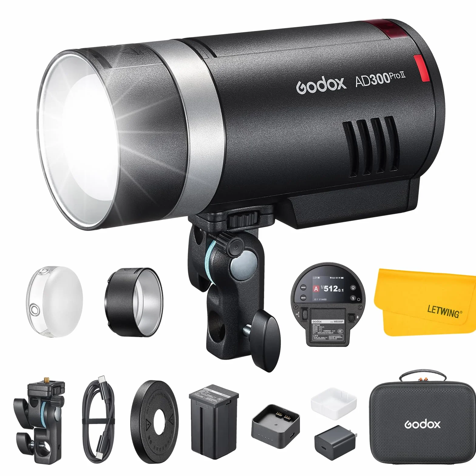 GODOX AD300 Pro II AD300Pro II Strobe Flash Extérieur, 300Ws TTL Flash de Studio HSS 1/8000s, 350 Éclairs à Pleine Puissance, Temps de Recyclage 0.01-1.5s, Lampe LED 12W, 16 Groupes de Couleurs