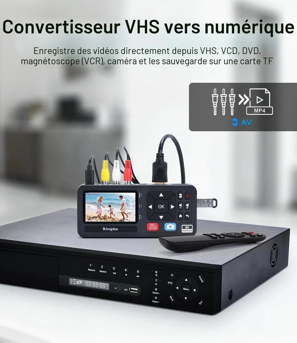 King Ma Numériseur vidéo, avec écran de 3 pouces, résolution 1080P, 30 FPS, conversion numérique de VHS, RCA, VCR, DVD, Hi8, caméras vidéo, jeux, stockage via TF/SD/USB (AV)
