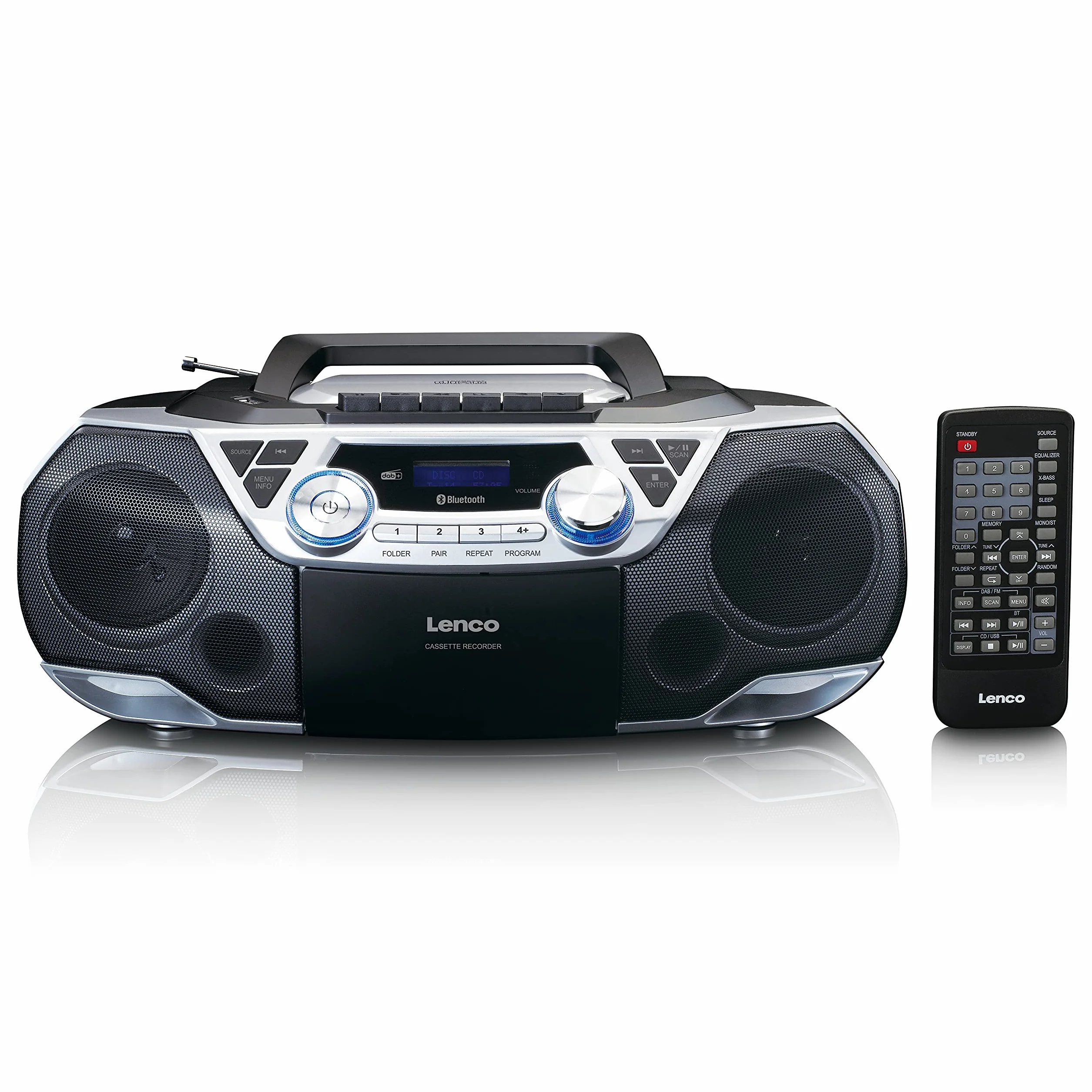 Lenco SCD-720 Lecteur CD, Dab+, Lecteur CD Portable, CD Player, Boombox, Bluetooth 5.0, Lecteur CD/MP3, Lecteur de Cassettes, Radio FM, Port USB, 2 x 6 W RMS et Bass Reflex, télécommande, Argent