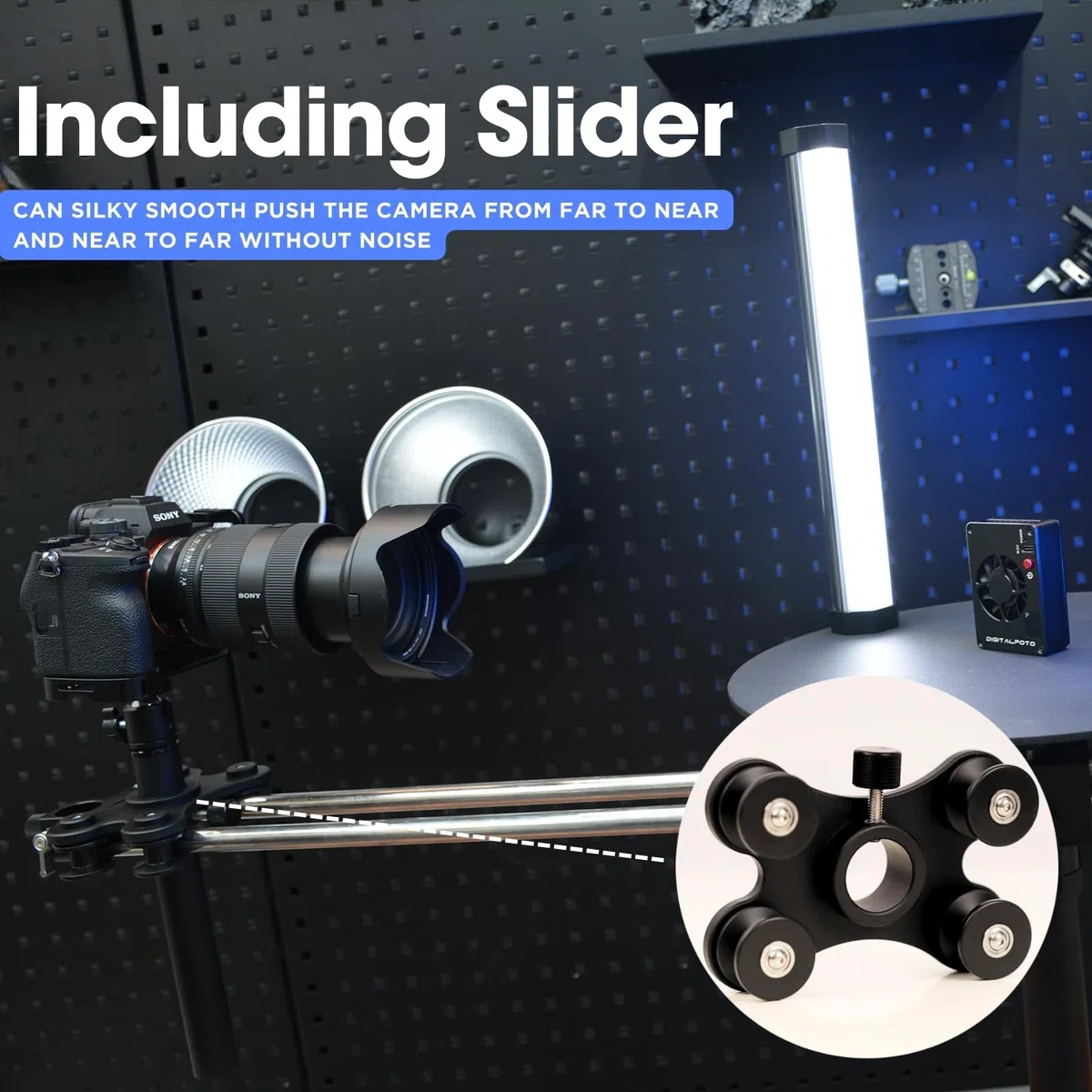 Plateforme Photo 360 DFCINE avec Slider – Rig Rotatif pour Caméra Vidéo avec Roue Dolly, pour Photographie Commerciale de Produits, Effets 360, Ralenti, Bullet-Time et Mouvement Slider (V360S)