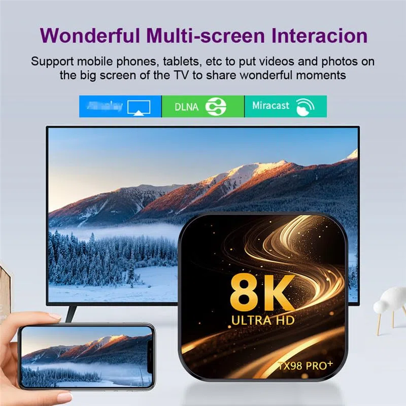 Boîtier TV Android 14.0, TX98 Pro + Smart TV Box RK3258 Quad-Core 64 Bits Arm Cortex-A53 Prise en Charge 8K/4K 2,4/5,0 Ghz WiFi BT4.0 100/1000M Ethernet HDMI 2.0 H.265 Décodeur,4gb+64gb