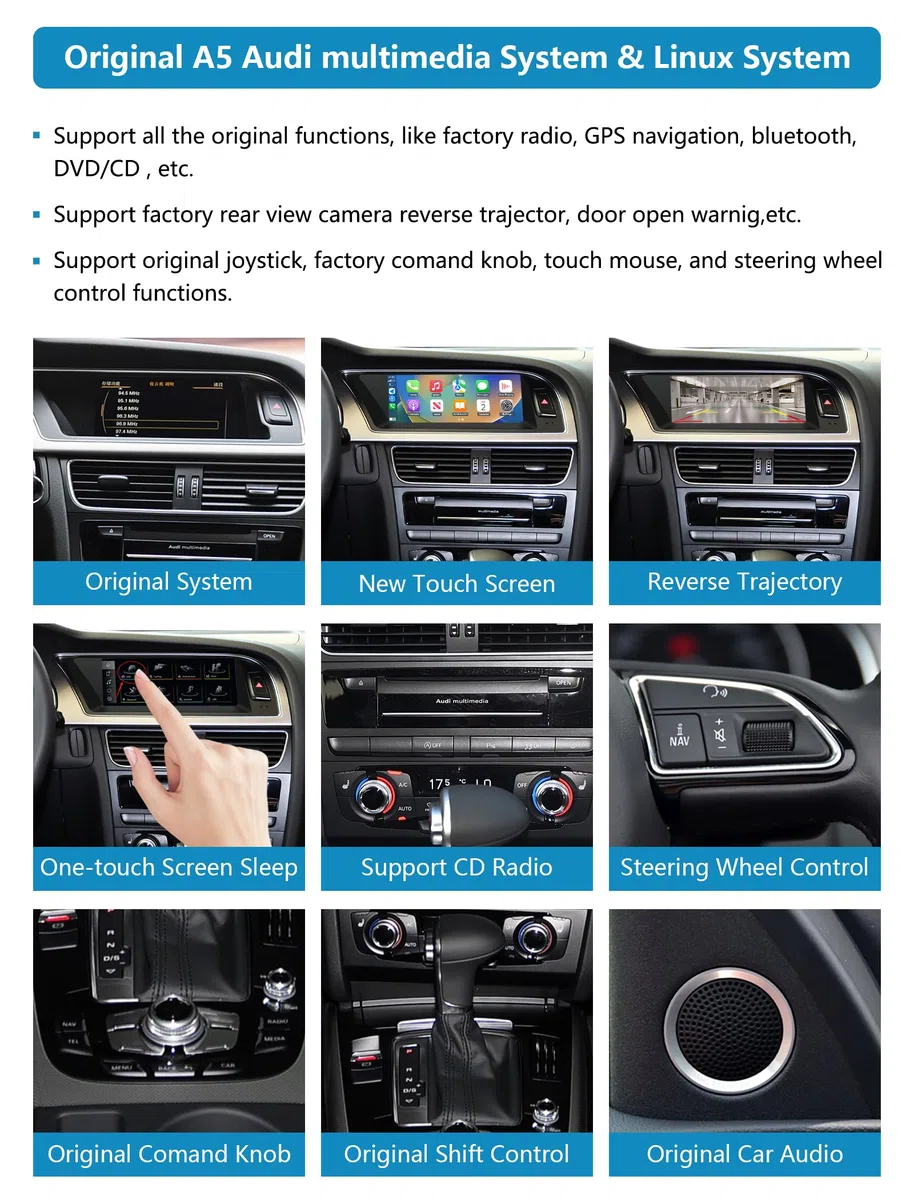 Autoradio écran Tactile 8,9" avec Carplay sans Fil et Android Auto pour 2008-2016 Audi A5 S5 avec système 3G MMI+, Prend en Charge Mirrorlink, Caméra, Navigation