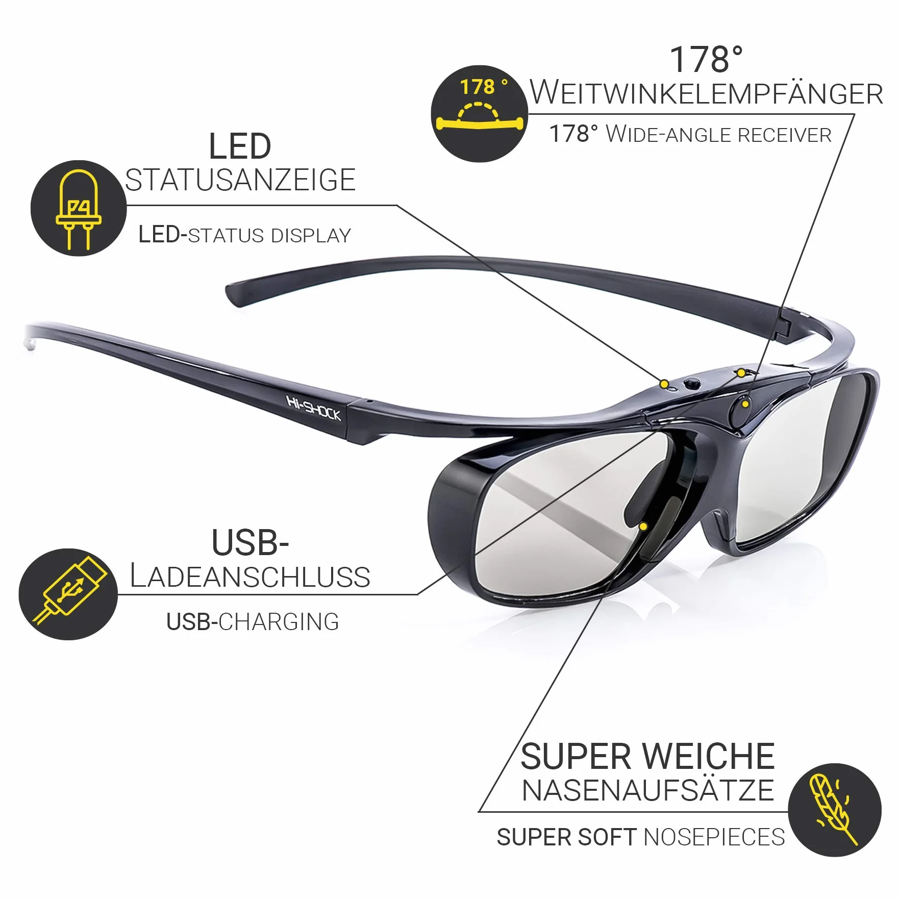 Hi-shock RF Pro Lunettes 3d pour Epson/Sony/JVC/Panasonic/Sharp Vidéoprojecteur et FullHD/HDR/4 K TV avec obturateur active – Bluetooth. rechargeable battery 1x «Black Heaven»