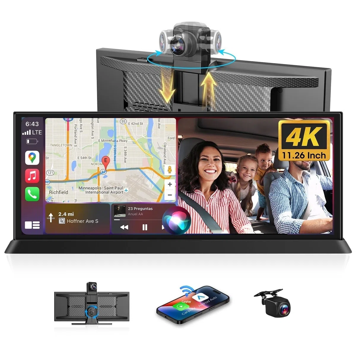 11,26 Pouces Ecran Carplay Voiture, 4K Ecran Voiture avec Caméra Frontale 350° Carplay Android Auto Car Play Voiture pour Siri G-oogle Navigation GPS