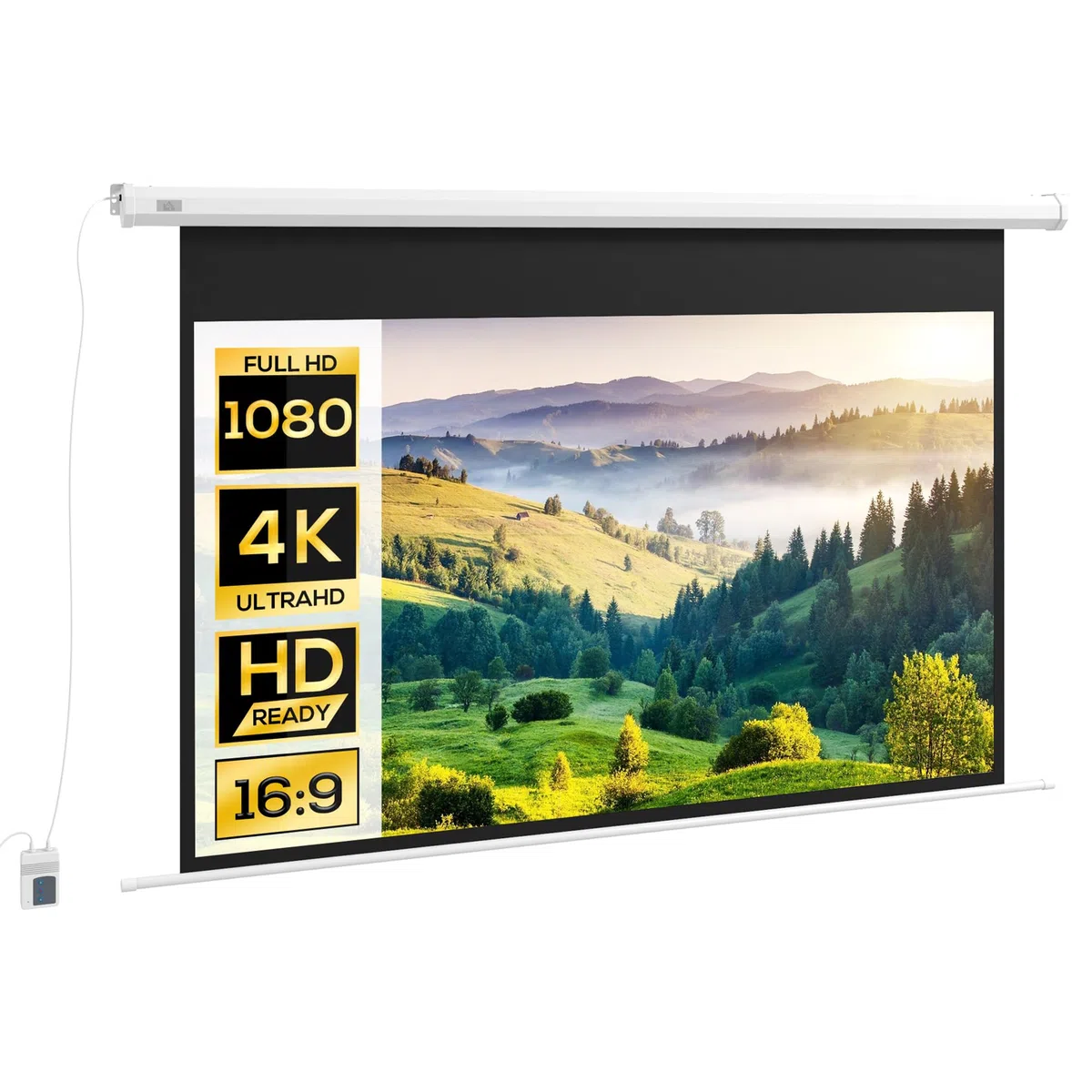 HOMCOM Écran pour projecteur 84" 16:9, Toile projecteur motorisée avec télécommande, Montage Mural et Plafond, 215 x 8 x 140 cm, Blanc