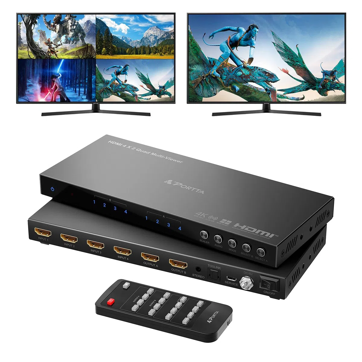 4K HDMI Multiviewer Switch 4x2 with PIP, PORTTA Quad Multi Viewer Seamless Switcher 4 in 2 Out avec Toslink, 3.5mm Audio Output Prise en Charge 4K 30Hz, 6 Viewing Modes, Downscaler pour PS4/PC/DVD