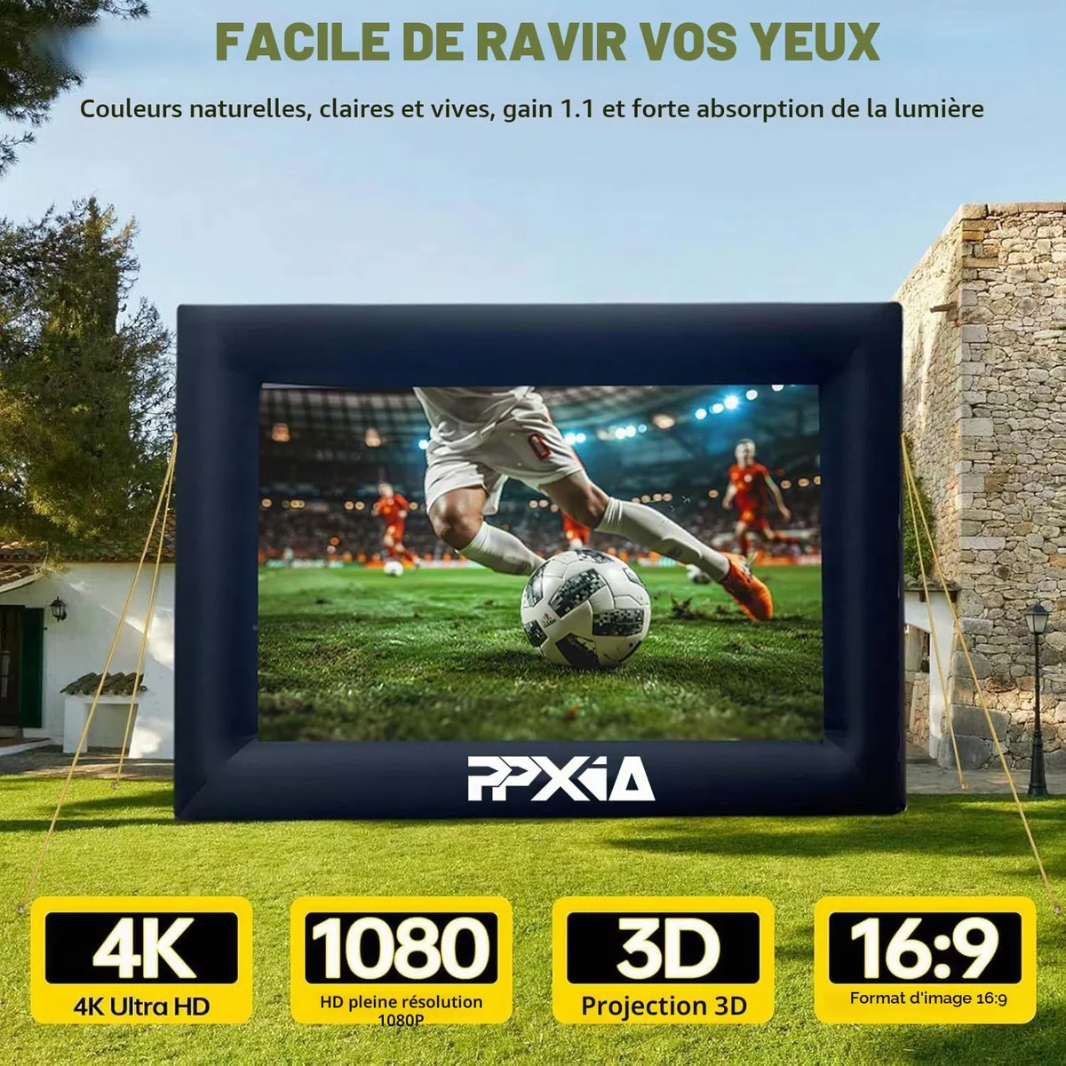 Écran de projection gonflable 24 FT avec support et ventilateur, projection avant et arrière, intérieur/extérieur, écran portable 16:9