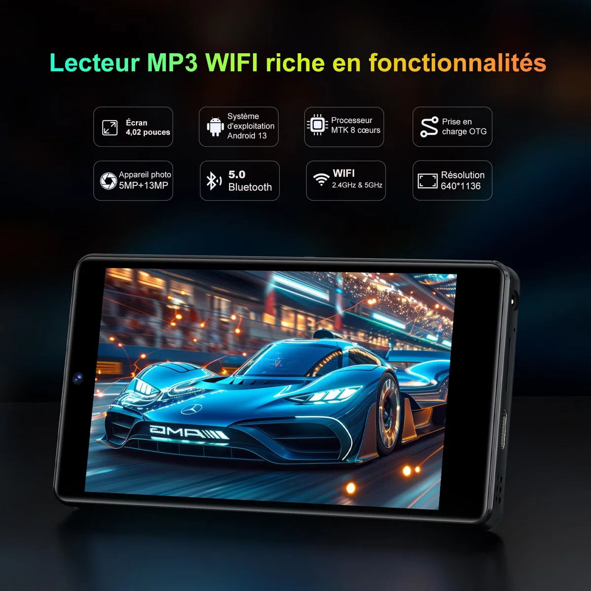 Lecteur MP3 96 Go avec Bluetooth WiFi, Lecteur MP4 4,02 Pouces avec Appareil Photo et Haut-Parleur, lecteurs MP3 Android 13 avec Spotify Kids, Audible, Deezer, Play Store