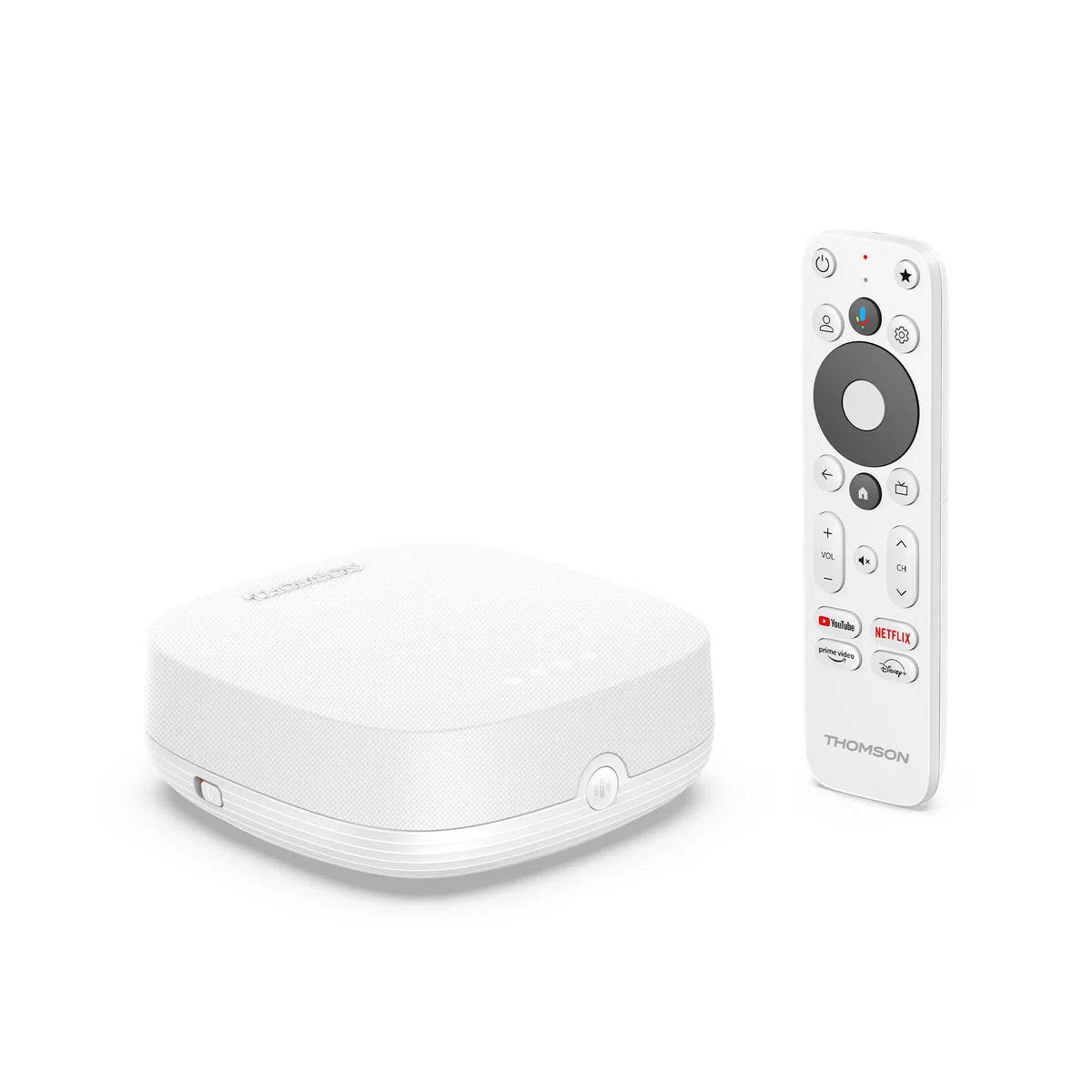 Thomson Streaming Box Plus 270 Blanc, Google TV, 4K UHD, Haut-Parleur intégré pour Commande vocale Mains Libres, Google Cast, Netflix, Disney+, Wi-FI, Adaptateur Secteur Multi-Prises, 3 Go de RAM, 32
