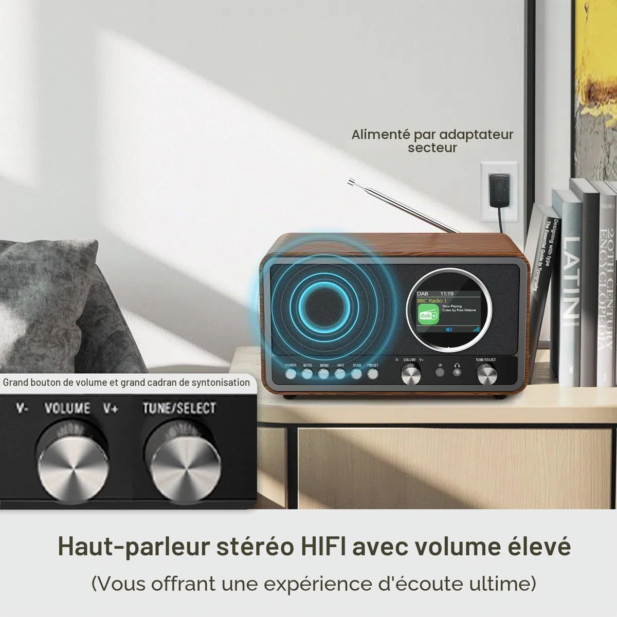 Monodeal radio portable (DAB+, FM, réveil, haut-parleur HiFi 5 W, prise casque, écran TFT, commande des touches), radio-réveil avec 60 préréglages