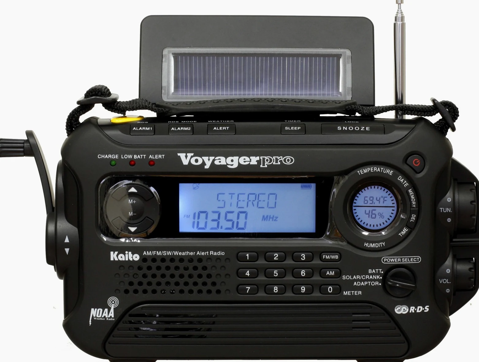 Kaito Voyager Pro KA600 Radio d'urgence numérique Solaire/Dynamo AM/FM/LW/SW & NOAA avec Alerte et RDS, Noir