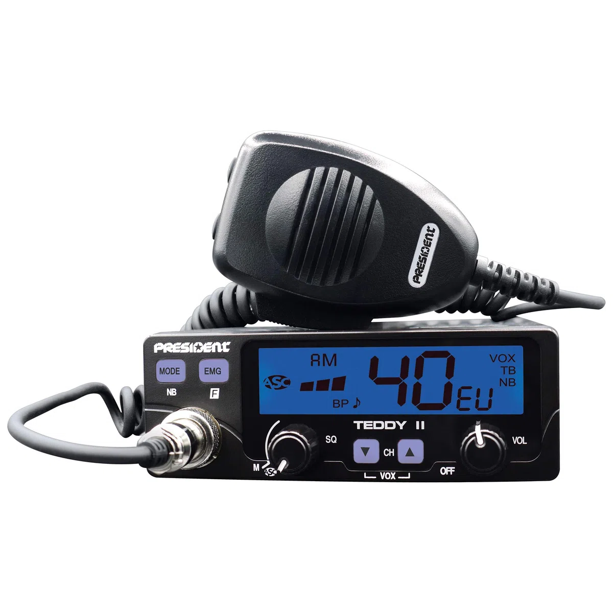 PNI CB President Teddy II ASC AM/FM, VOX, NB, ANL Kit Radio 12 V + antenne CB PNI ML70, Longueur 70 cm, 26-30 MHz, 200 W