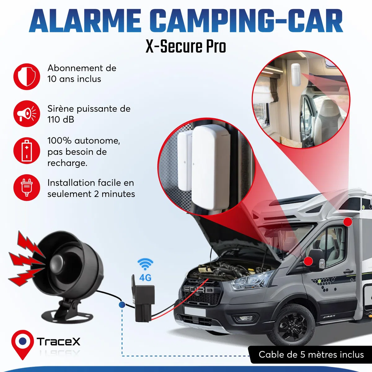 Système d'alarme antivol et Traceur GPS – antivol 110dB - Alarme Universelle de sécurité pour Fourgon, Camping-Car, Van, Voiture, Moto