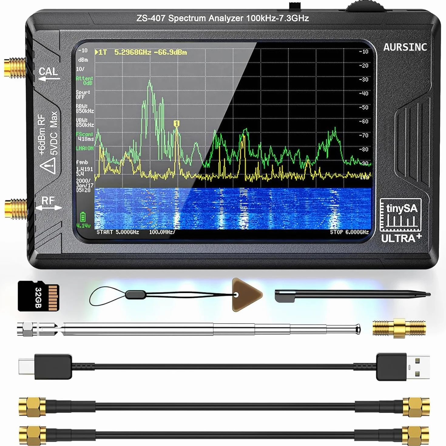 AURSINC Tinysa Ultra+ ZS407 Mesureurs d'ondes Analyseur de spectre portable 2 en 1 générateur de signaux RF 100 kHz à 900 MHz MF/HF/VHF/UHF Entrée HW V0.5.4 4,0"