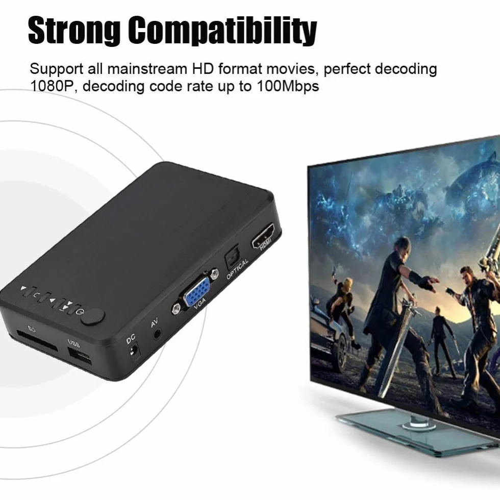 Garsent Lecteur Multimédia, 1080P HD HDMI Audio et Vidéo Lecteur Multimédia Support USB, Carte SD, Disque Dur avec Télécommande IR, 110V-240V.(EU)