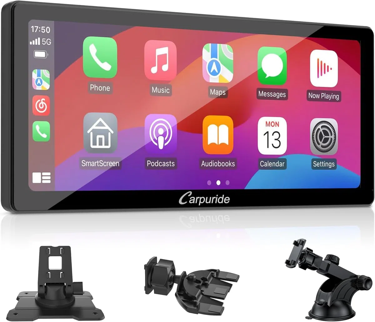 Carpuride W103 Pro avec Transmission Bluetooth sans Fil, Autoradio Portable CarPlay et Android Auto, écran Tactile 10,3 Pouces 1080P, Mirror Link/GPS/Siri/FM, avec 3 Supports