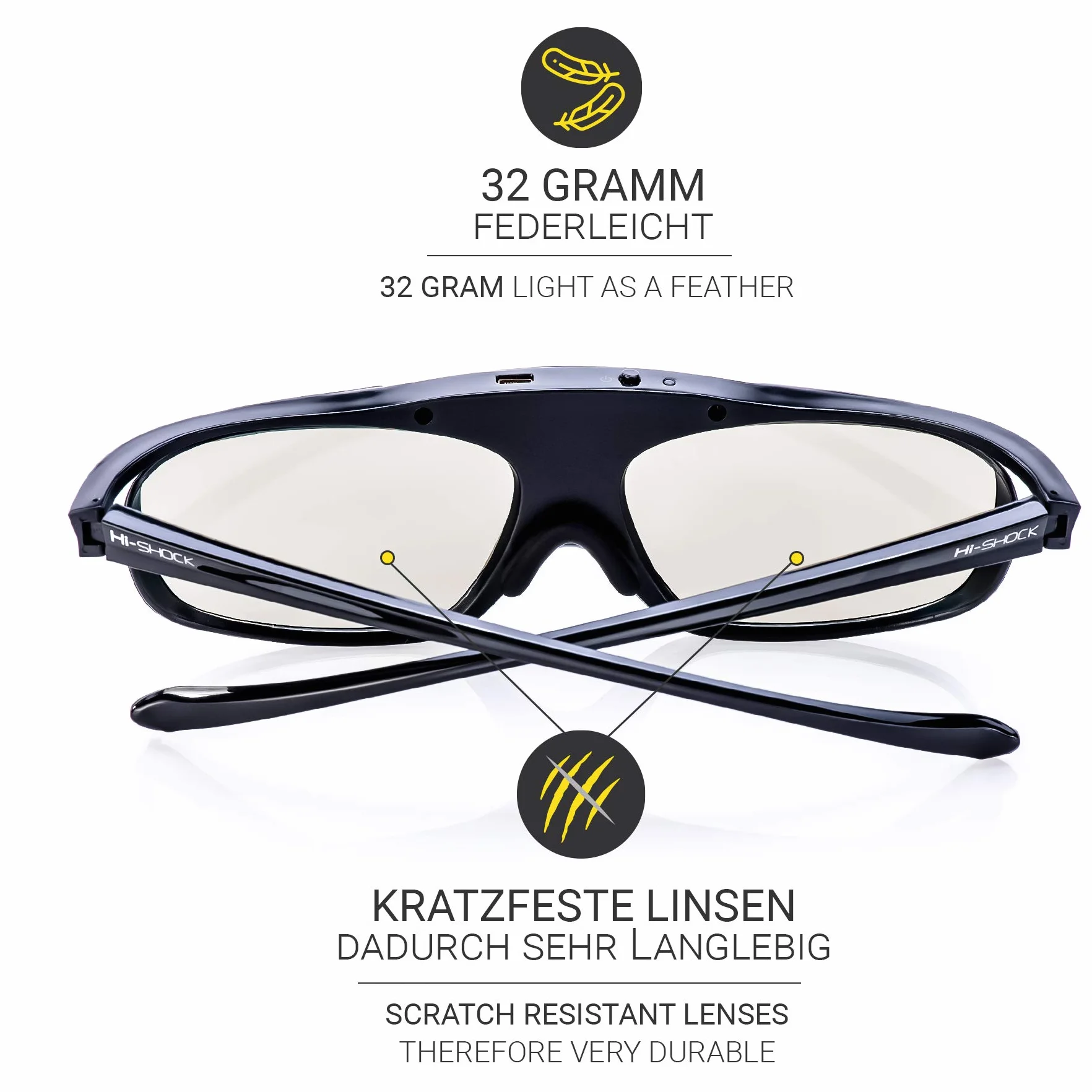 Hi-shock RF Pro Lunettes 3d pour Epson/Sony/JVC/Panasonic/Sharp Vidéoprojecteur et FullHD/HDR/4 K TV avec obturateur active – Bluetooth. rechargeable battery 1x «Black Heaven»