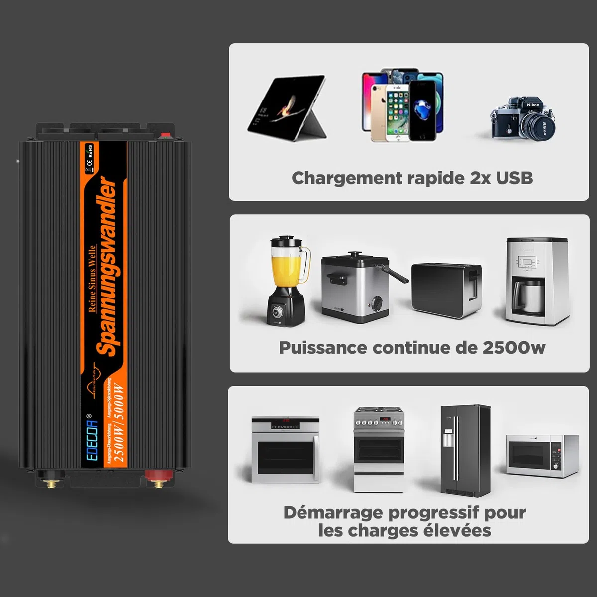 EDECOA Convertisseur Pur Sinus 12v 220v convertisseur 2500w Pur Sinus avec télécommande Convertisseur 12v 220v (2500w Nouvelle télécommande)