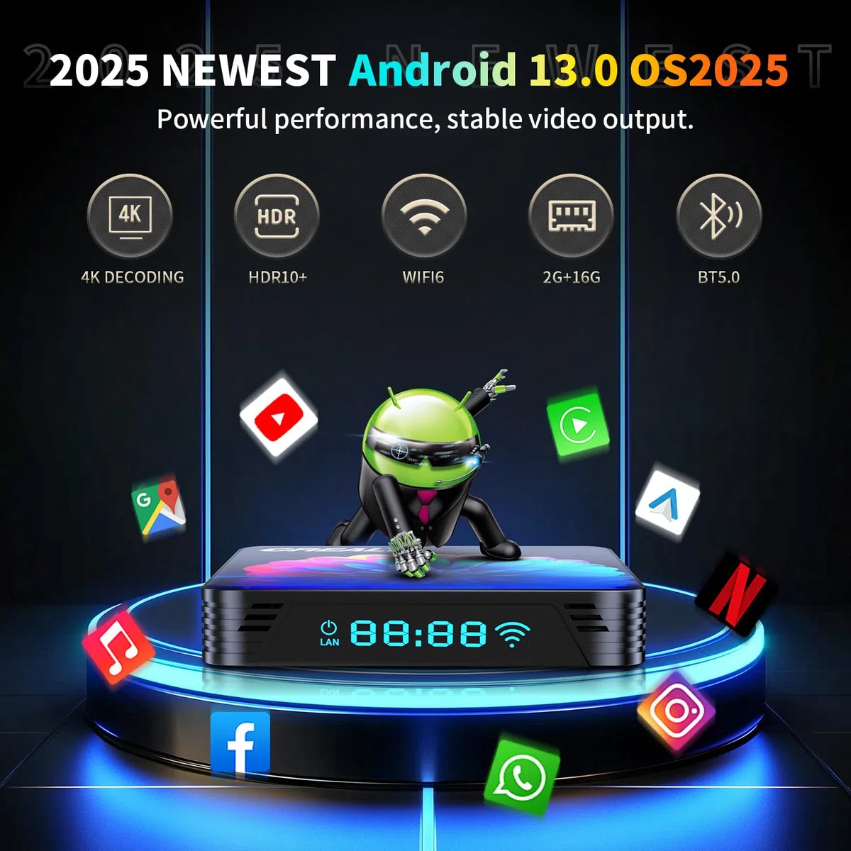 RUPA Android TV Box 13.0, 2025 8K Neueste Android Box mit RAM 4GB ROM 32GB WiFi6 Enternet 10/100M Bluetooth 5.0 USB3.0 Unterstützt 3D HD Cast Screen Smart TV Box